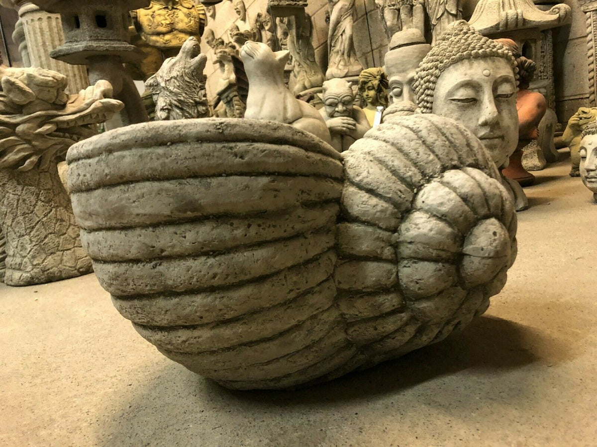 Garden Planter Pot - Stone Shell Design with antique grey finish, crafted from durable limestone, ideal for outdoor garden decor.