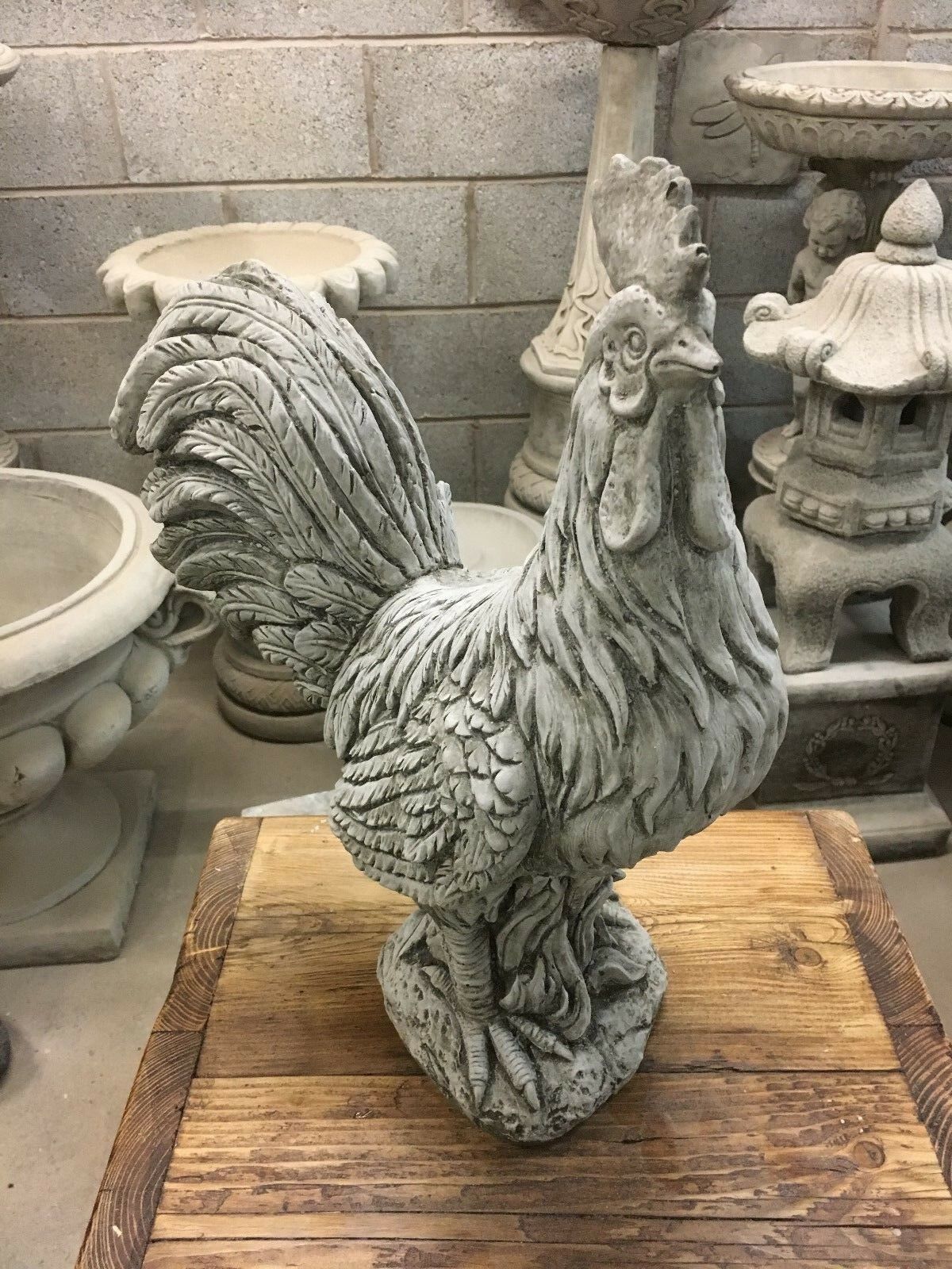 Handcrafted Stone Rooster Garden Statue with realistic texture and antique stone finish, enhancing flowerbeds or lawn ornament displays.