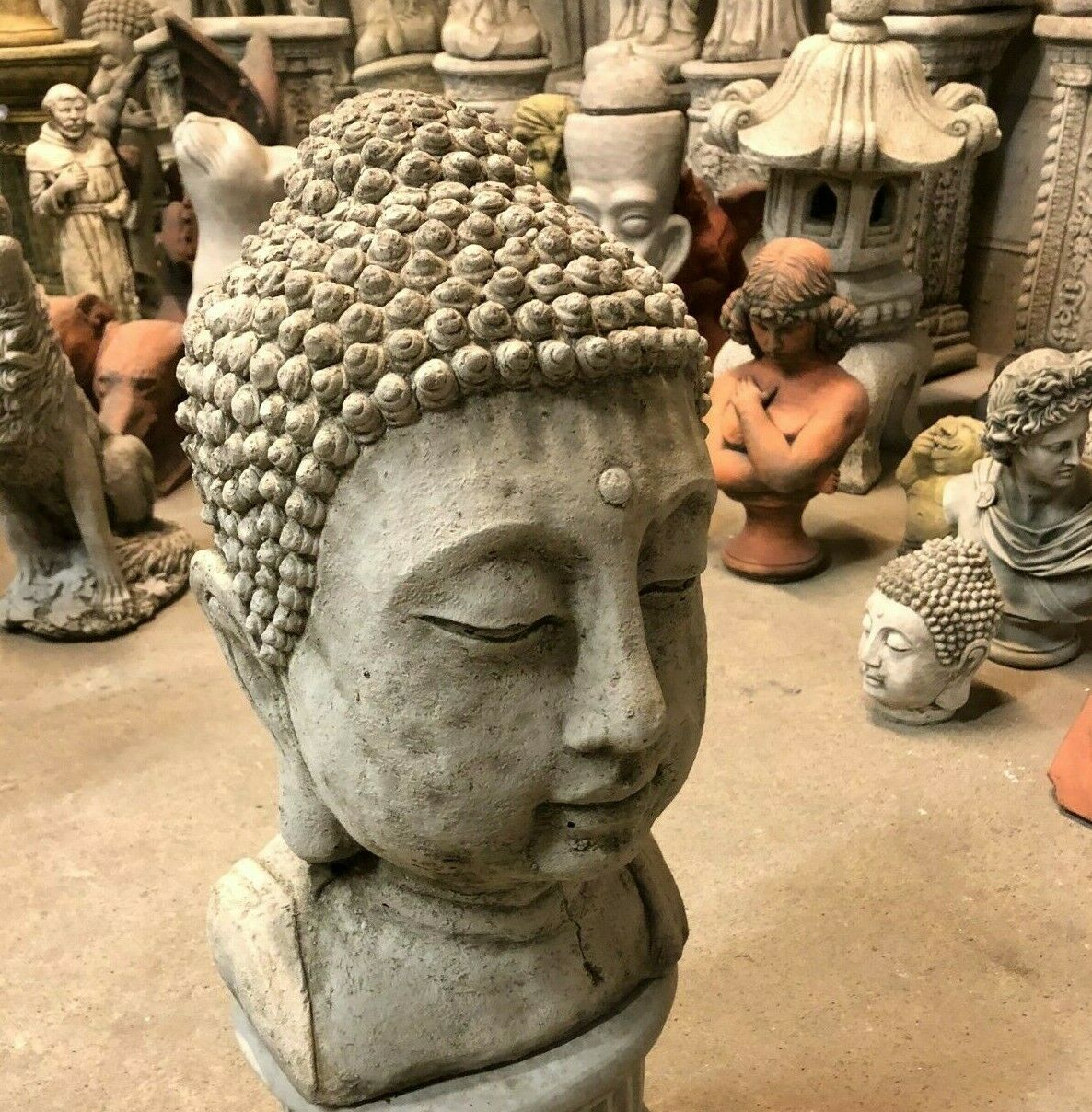 Side view of large Buddha head statue in stone, featuring detailed curls and serene expression. Perfect for zen garden or lawn ornament.