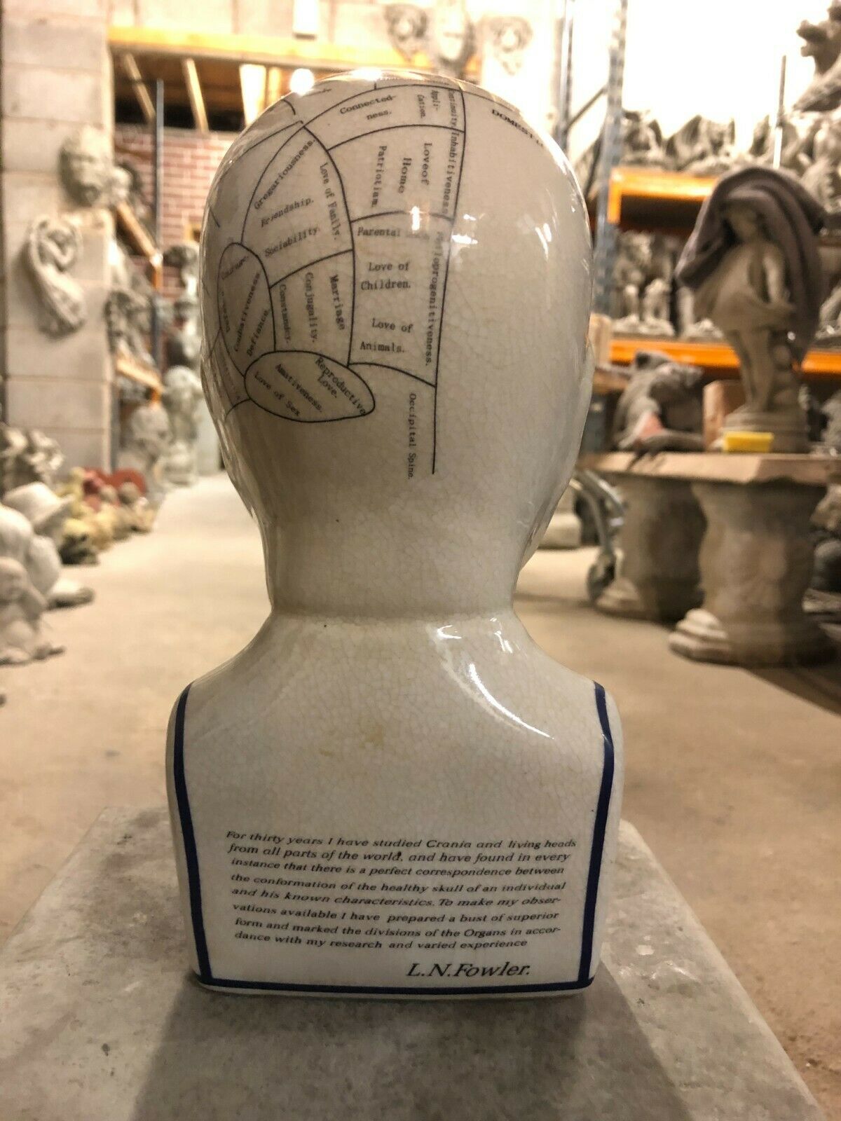 Back view of Phrenology Bust Ceramic - Ornament with L.N. Fowler quote. Perfect for vintage-inspired home or garden decor themes.