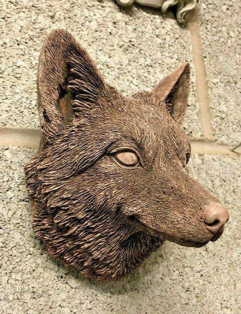 Fox Head Garden Plaque in antique finish mounted on stone wall, showcasing detailed fur texture and weather-resistant stone material.
