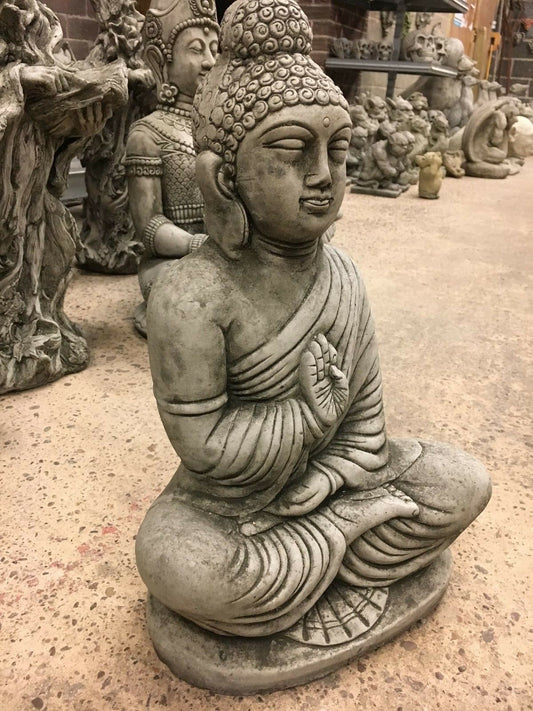 Weather-Proof Buddha Statue - Stone Jnana Mudra seated in meditation pose with detailed robe folds, ideal for garden or patio decor.