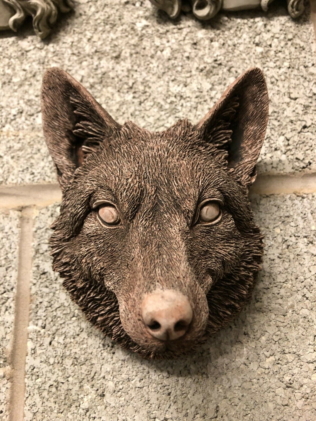 Front view of Fox Head Garden Plaque - Weather-Resistant | Antique Finish, highlighting lifelike features and durable stone craftsmanship.