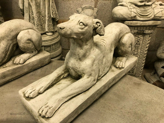 Greyhound Dog Statue - Stone Laying Greyhound in antique grey finish, ideal for garden decor and outdoor lawn ornament display.