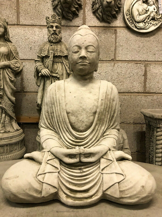Stone Mudra of Meditation Buddha Statue for Garden Serenity in seated lotus pose, ideal for outdoor garden decor and spiritual ambiance.