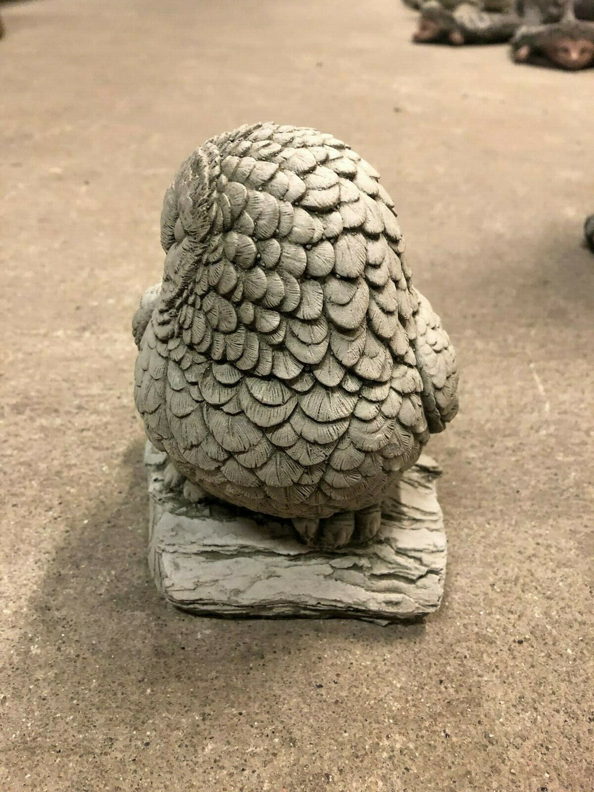 Rear view of Stone Owl on Log Ornament showing detailed feather carving and solid limestone base for stable garden placement.