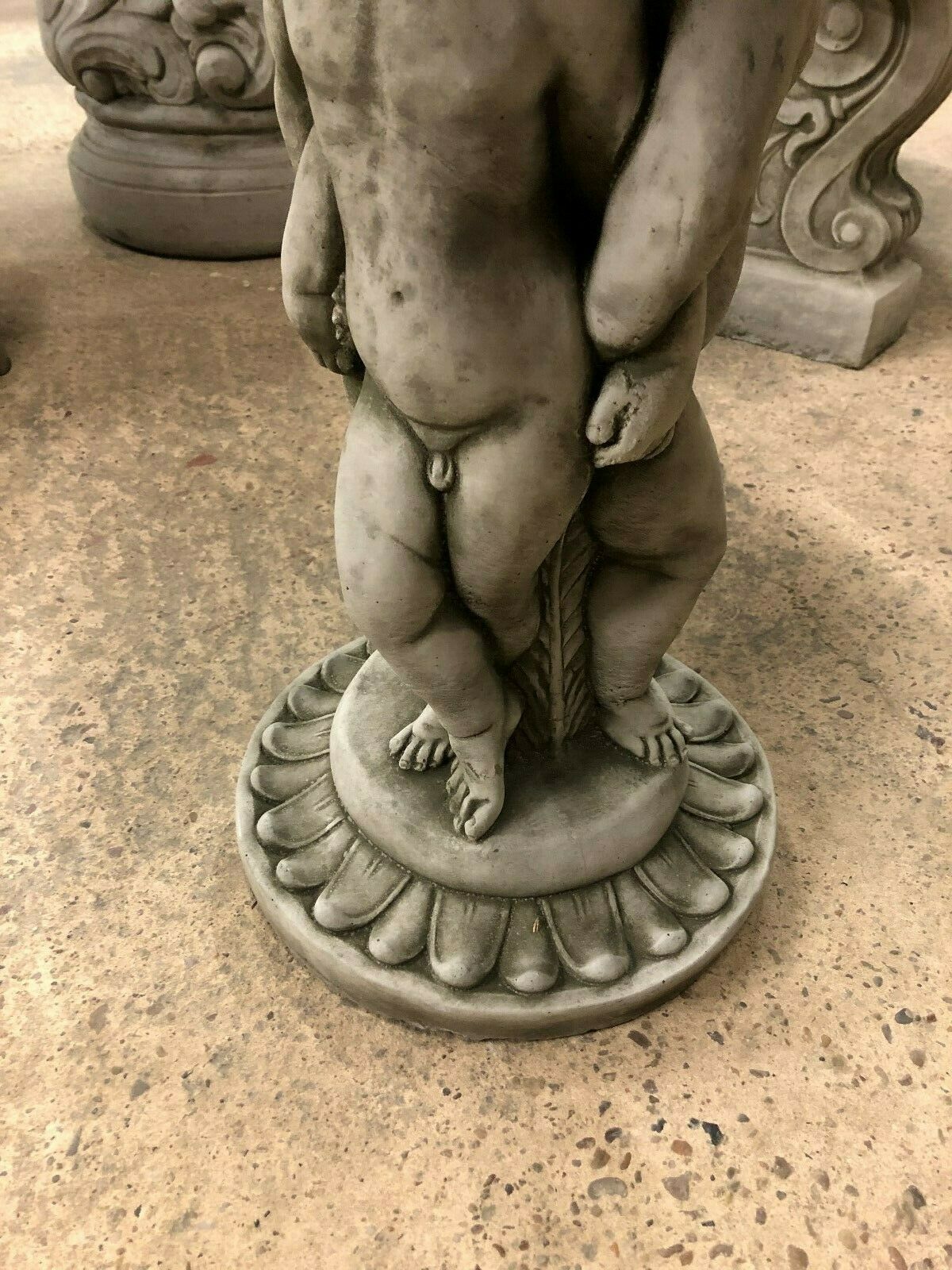 Base detail of Cherub Garden Bird Bath - Stone Antique Finish with sculpted cherub feet and fluted pedestal. Elegant garden ornament.