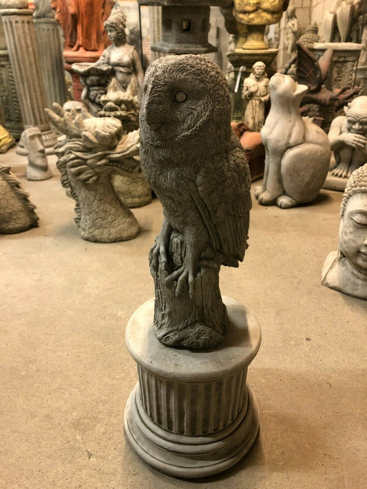 Stone Owl Plinth Statue - Garden Decor | Solid Limestone sculpture featuring a detailed owl perched on a tree stump atop a classical column base.