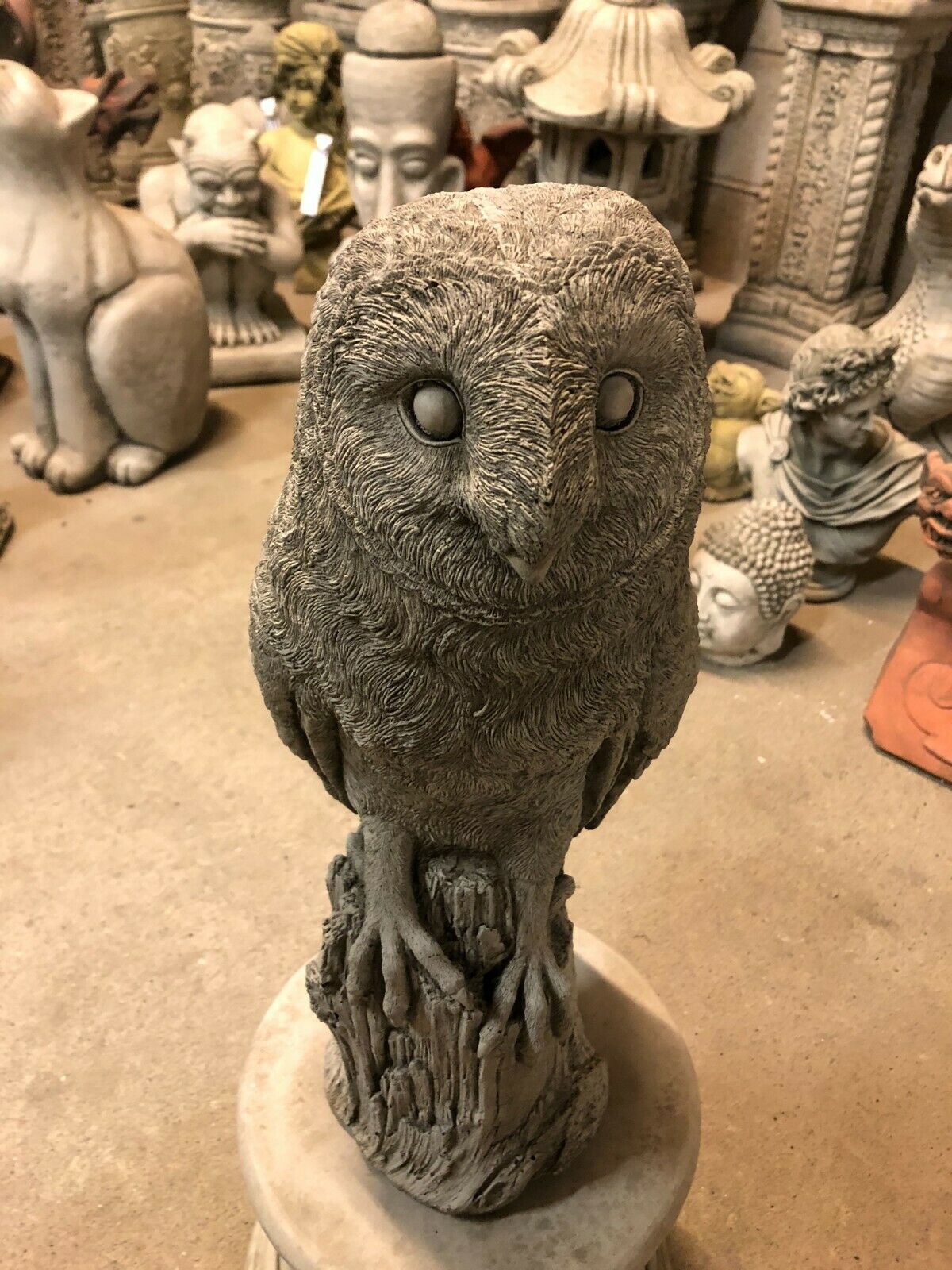 Stone Owl Plinth Statue - Garden Decor | Solid Limestone ornament with intricate feather texture, ideal for outdoor garden or patio display.