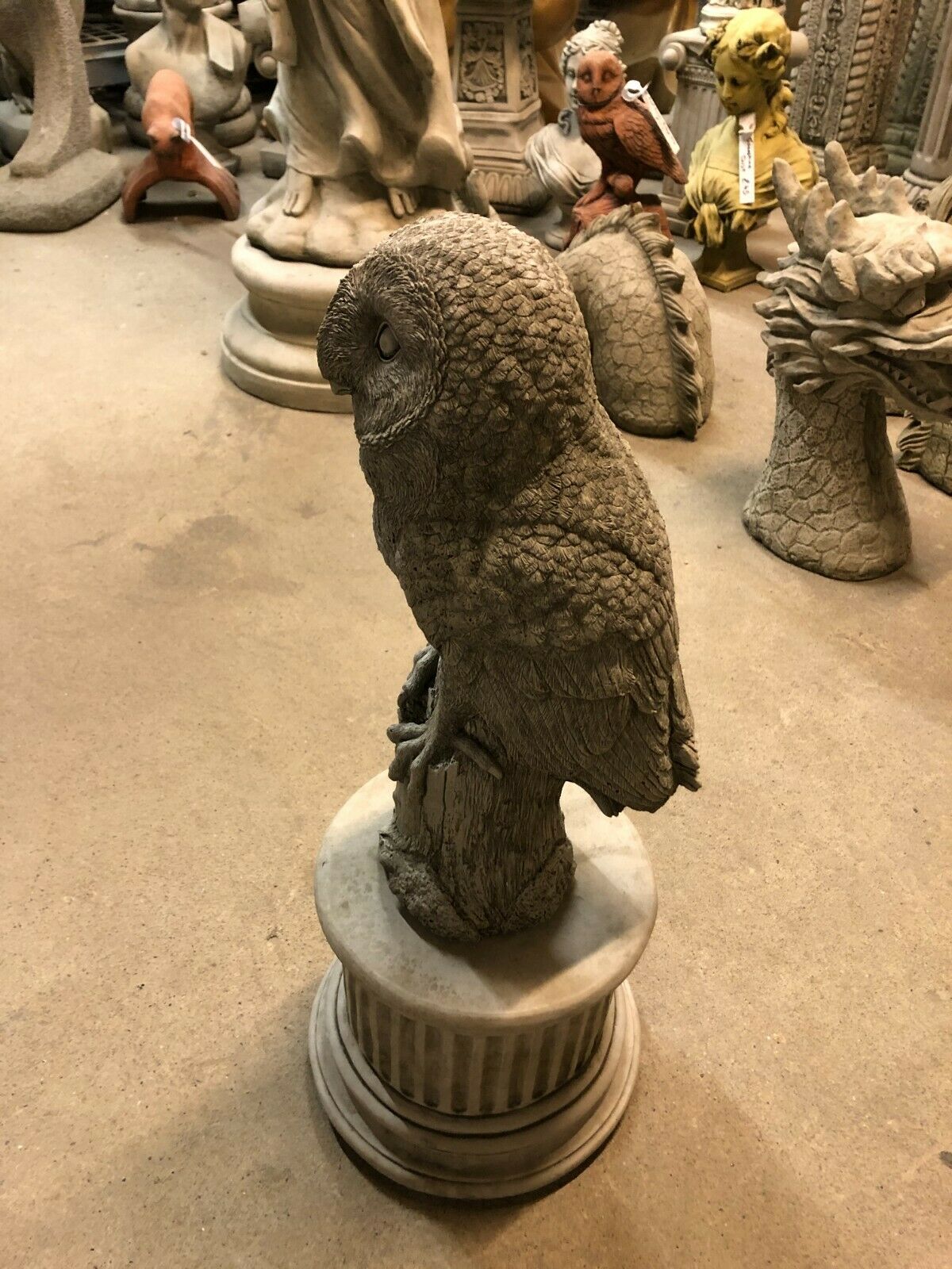 Side view of Stone Owl Plinth Statue - Garden Decor | Solid Limestone showing realistic owl profile and elegant plinth pedestal.