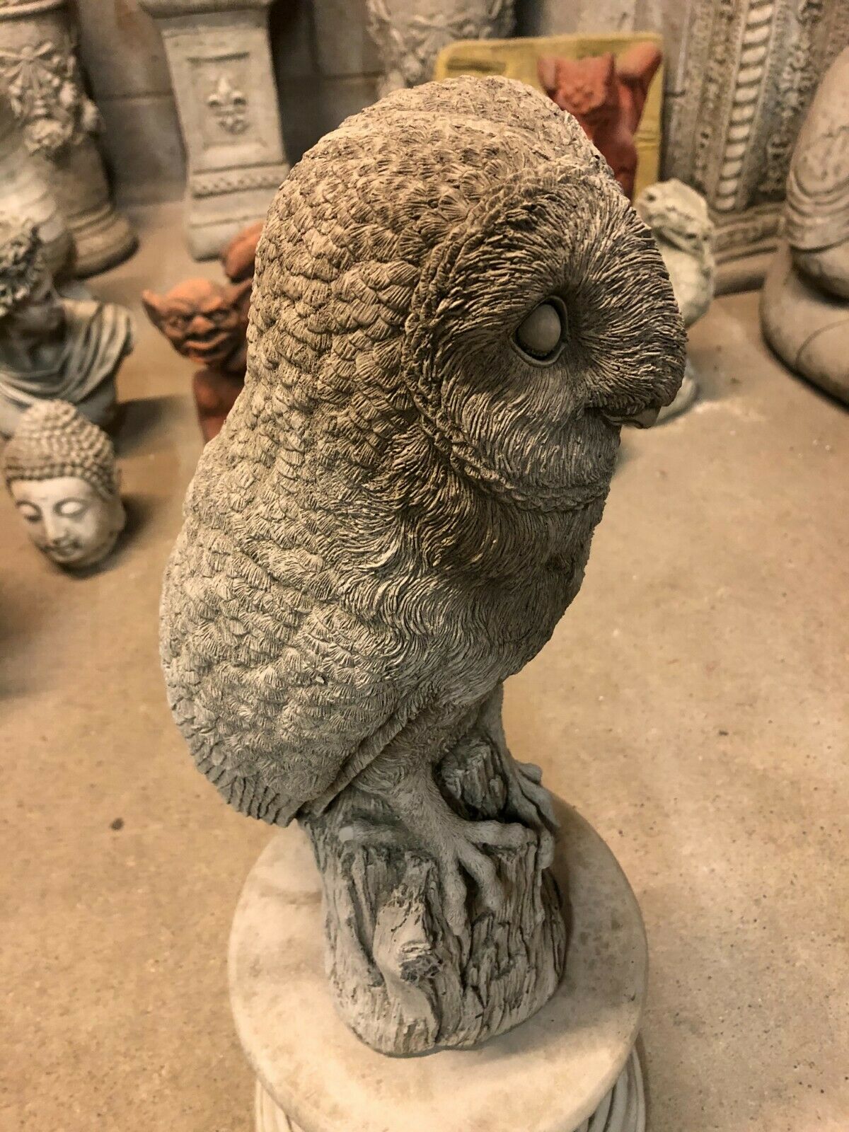 Close-up of Stone Owl Plinth Statue - Garden Decor | Solid Limestone showing textured owl face and naturalistic tree stump base.