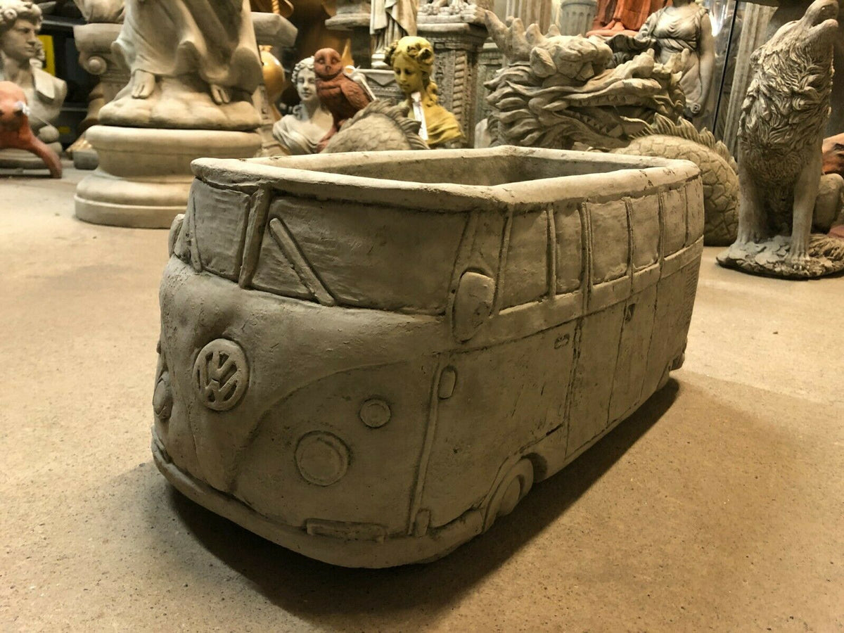 Angled side view of Stone VW Camper Van Planter showcasing detailed craftsmanship and sturdy build for outdoor garden use.