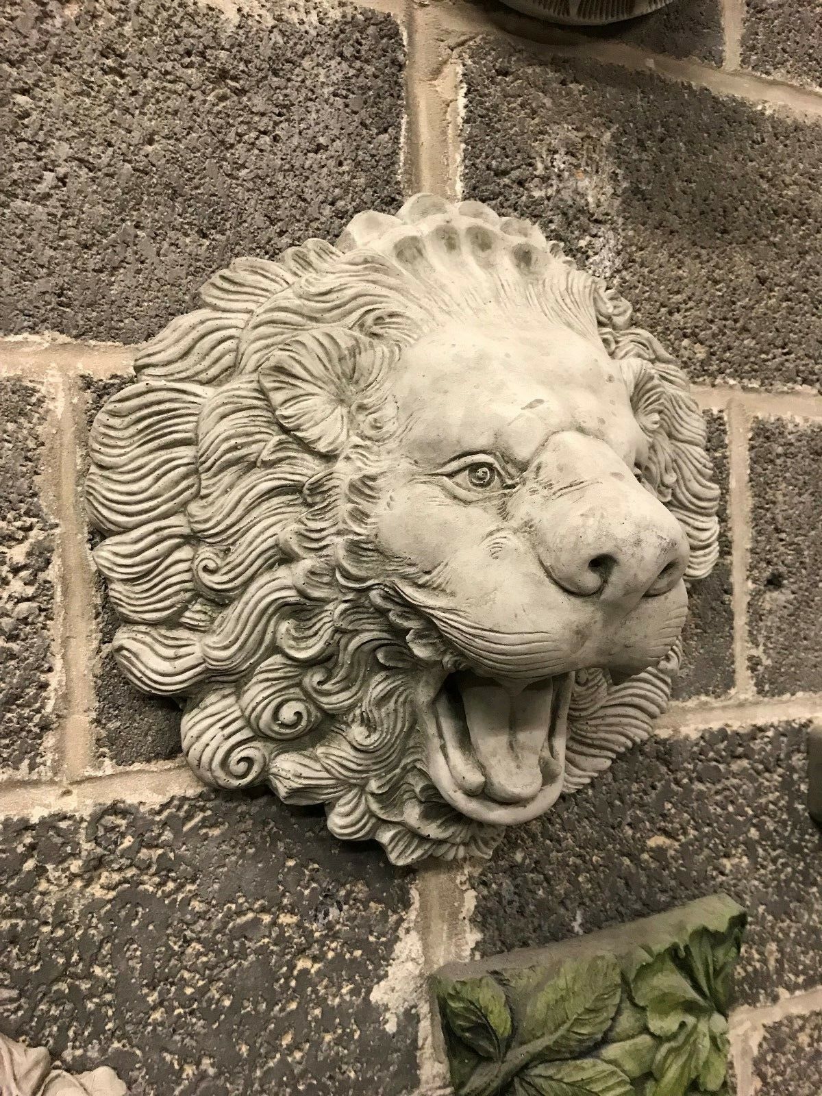 Side view of Stone Lion Garden Water Spout showing detailed mane and antique finish. Perfect for classic garden fountain installations.