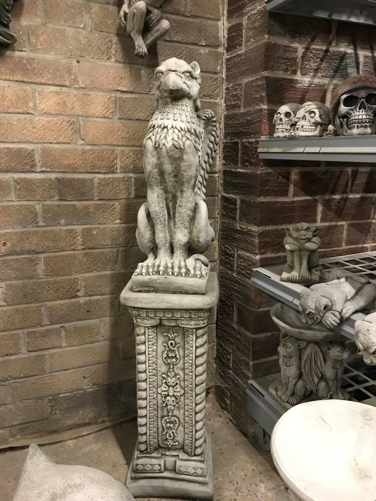 Right-side Stone Phoenix Garden Statue on a carved plinth, ideal for flanking garden gates. Durable and weather-resistant for year-round display.