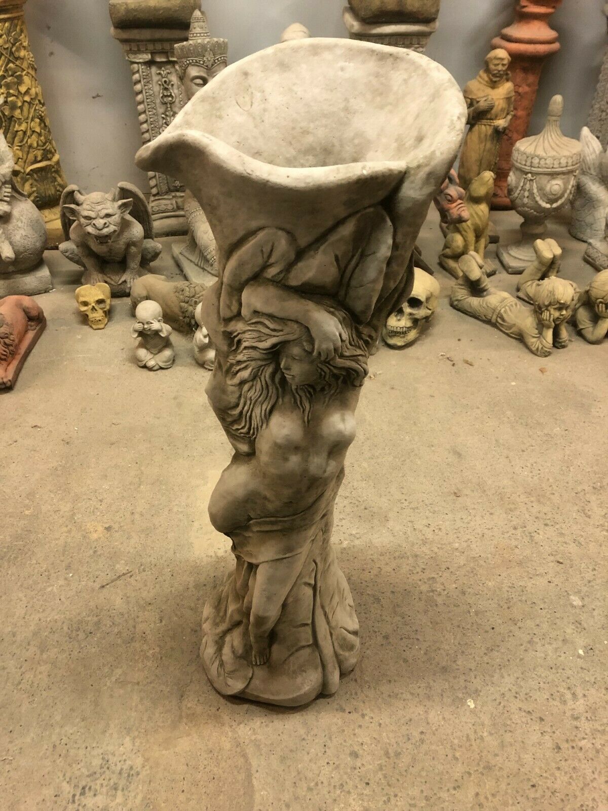 Top view of Stone Garden Planter Lady Statue showing deep planting bowl with drainage hole, ideal for outdoor use and decorative garden styling.