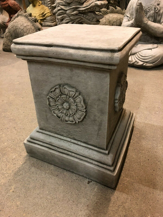 Yorkshire Rose Square Plinth in solid limestone with antique finish, ideal for garden sculpture display or decorative lawn pedestal.