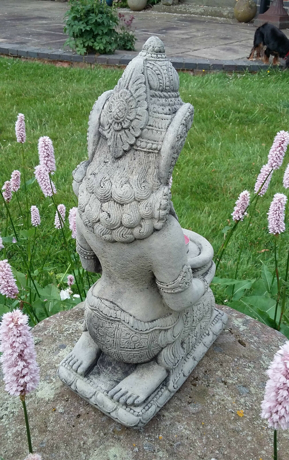 Back view of intricately carved Stone Geisha Statue Candle Holder, highlighting detailed craftsmanship and durable limestone finish.