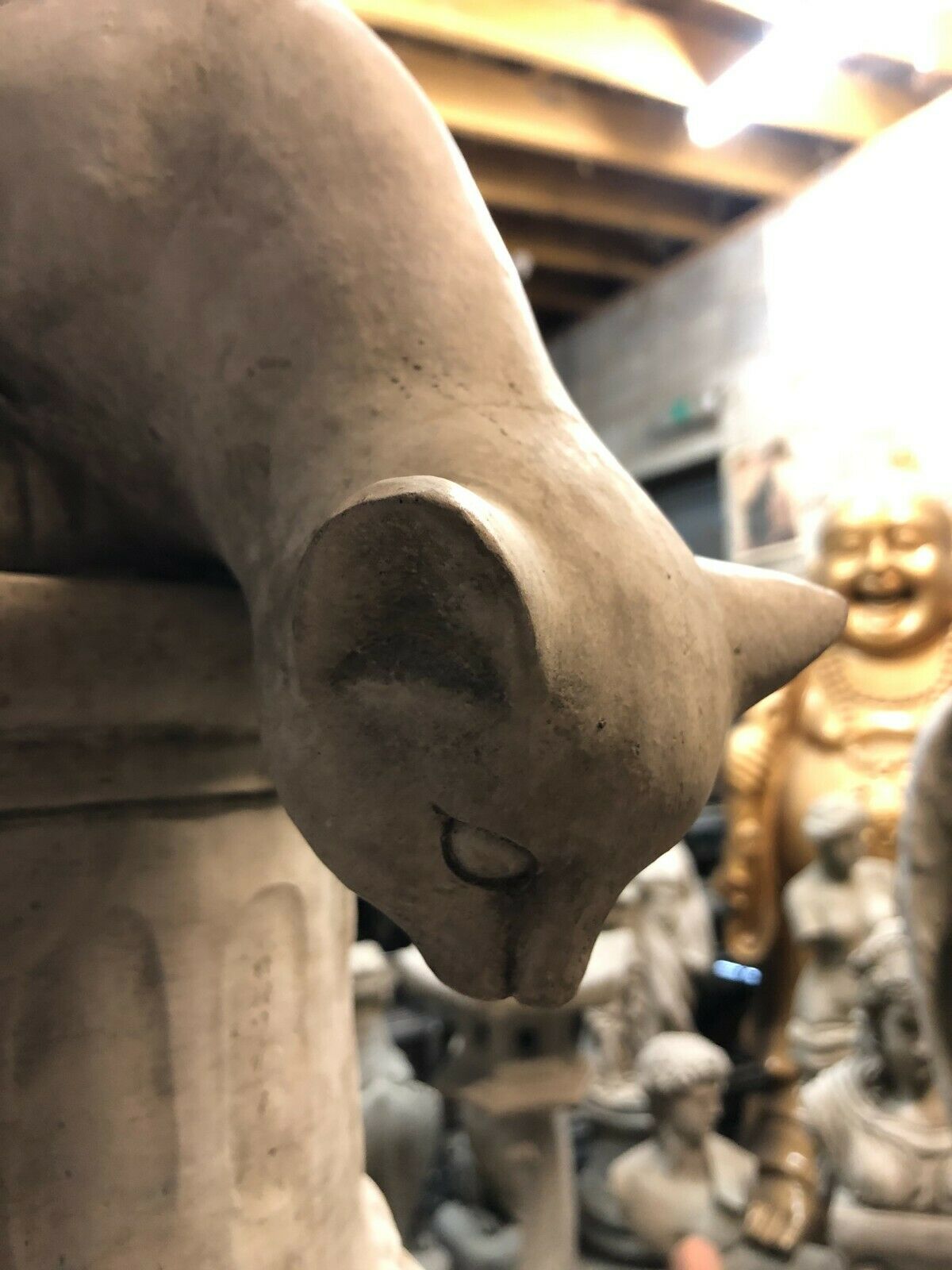Close-up of cat's head on Garden Cat Statue, showcasing fine craftsmanship and realistic detail in limestone finish.