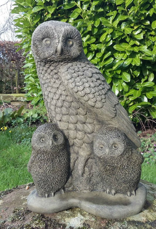 Stone Owl & Owlets Garden Statue featuring a detailed adult owl with two owlets, ideal for outdoor garden decor and weather-resistant landscaping.