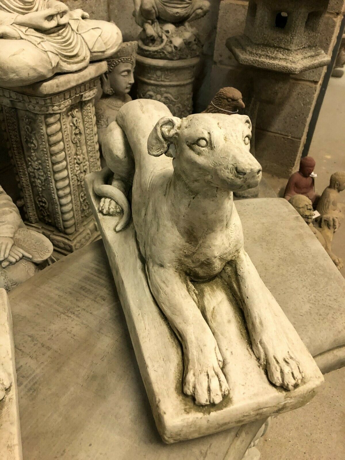 Front angle of Greyhound Dog Statue with lifelike expression, ideal for outdoor garden decor and pet-themed ornaments.