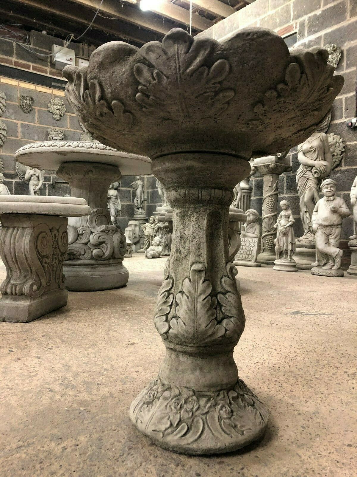 Decorative Garden Bird Bath - Leaf Design Stone with raised leaf relief on bowl and base, adds charm to outdoor settings.