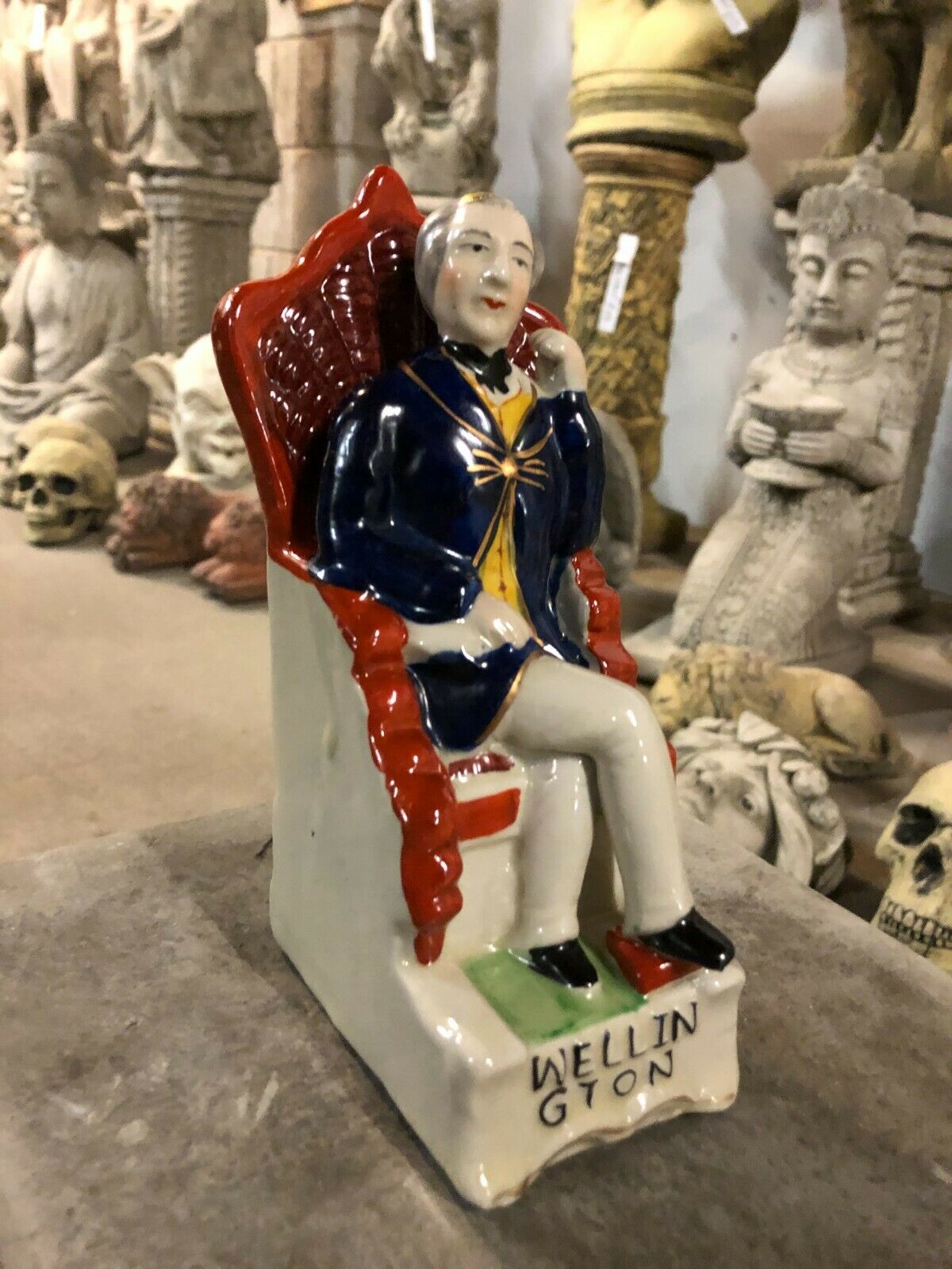 Ceramic Duke Wellington Ornament - Handcrafted Art | Free UK Delivery. Side view of detailed ceramic sculpture with 'Wellington' base text, ideal for home decor.