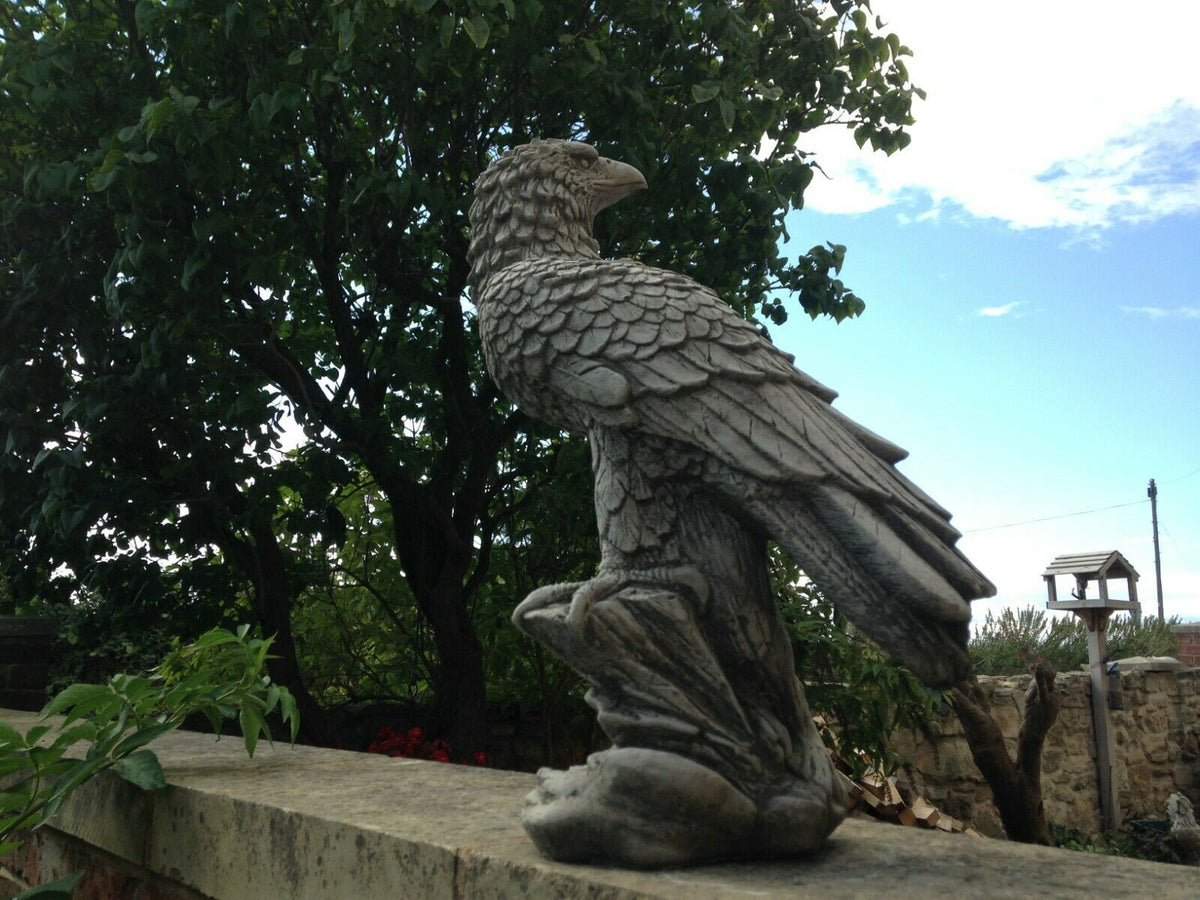 Outdoor Garden Eagle Statue with perched pose, crafted from stone and ideal for patios, flowerbeds, or lawn ornamentation.