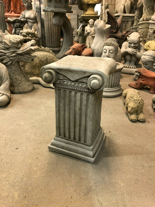 Roman Garden Plinth - Stone Style with antique finish, fluted column design and scroll detailing, ideal for outdoor statue display.