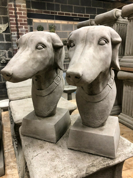 Stone Greyhound Finials with antique finish, crafted from durable limestone. Ideal for garden decor or brick pillar accents.