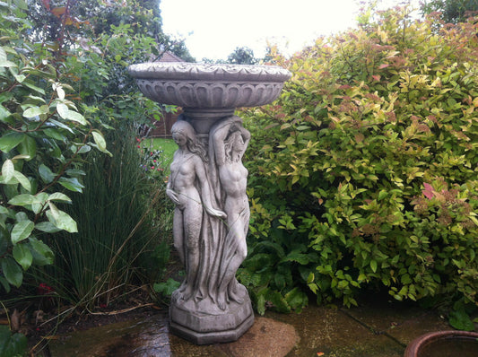 Three Graces Bird Bath - Stone Garden Bird Bath with deep top bowl and classical sculpture design, ideal for outdoor garden decor.
