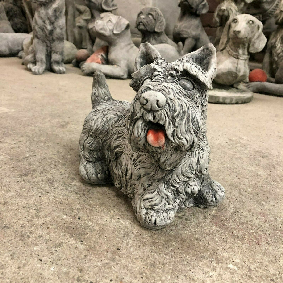 Charming Scottish Terrier stone sculpture with lifelike detailing and tongue out, great for garden or porch decoration.