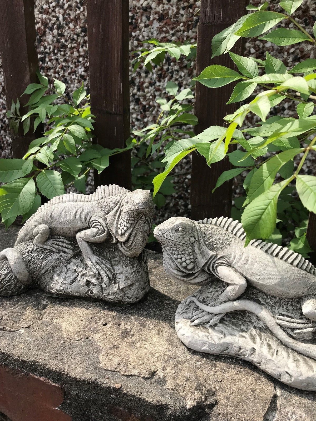 Iguana Garden Ornaments pair on a stone ledge, crafted from weatherproof limestone with realistic reptile features for garden decoration.