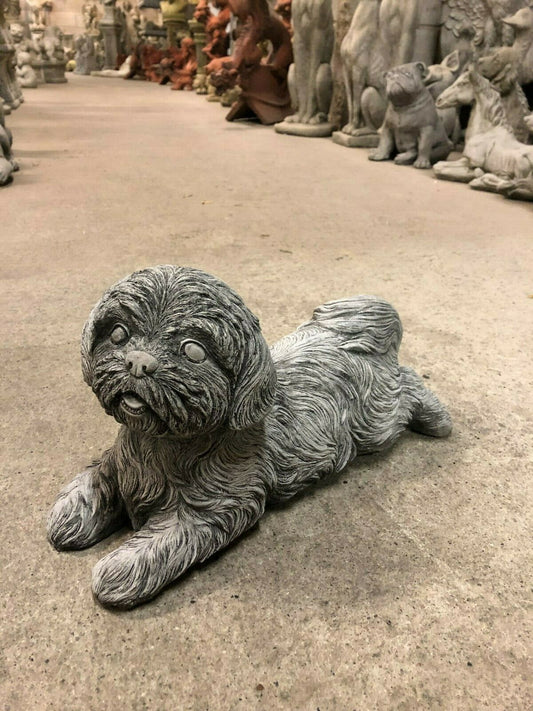 Stone Garden Ornament - Shih Tzu Style sculpture in a laying pose, ideal for outdoor garden decor. Crafted from durable limestone for all-weather use.