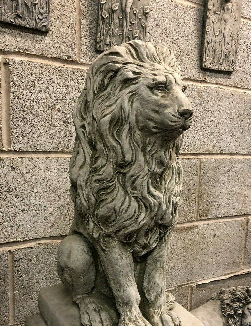Angled view of lion statue with detailed mane and strong posture, ideal for outdoor garden or patio decor.