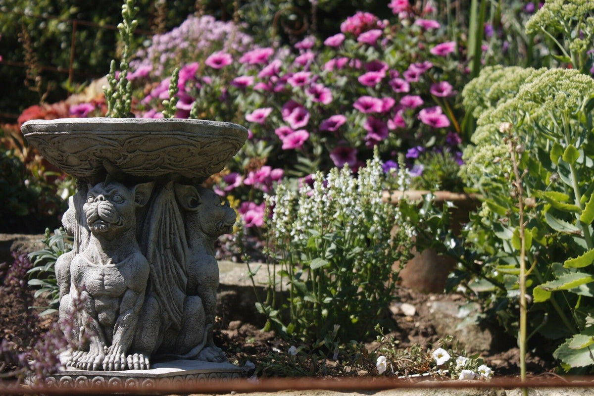 Garden Bird Bath - Stone Gargoyle Design surrounded by blooming flowers, blending antique style with functional bird feeder use.