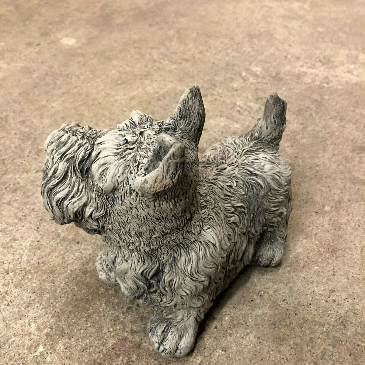 Rear view of antique grey Scottish Terrier garden statue showing detailed fur texture, made from weather-resistant stone.