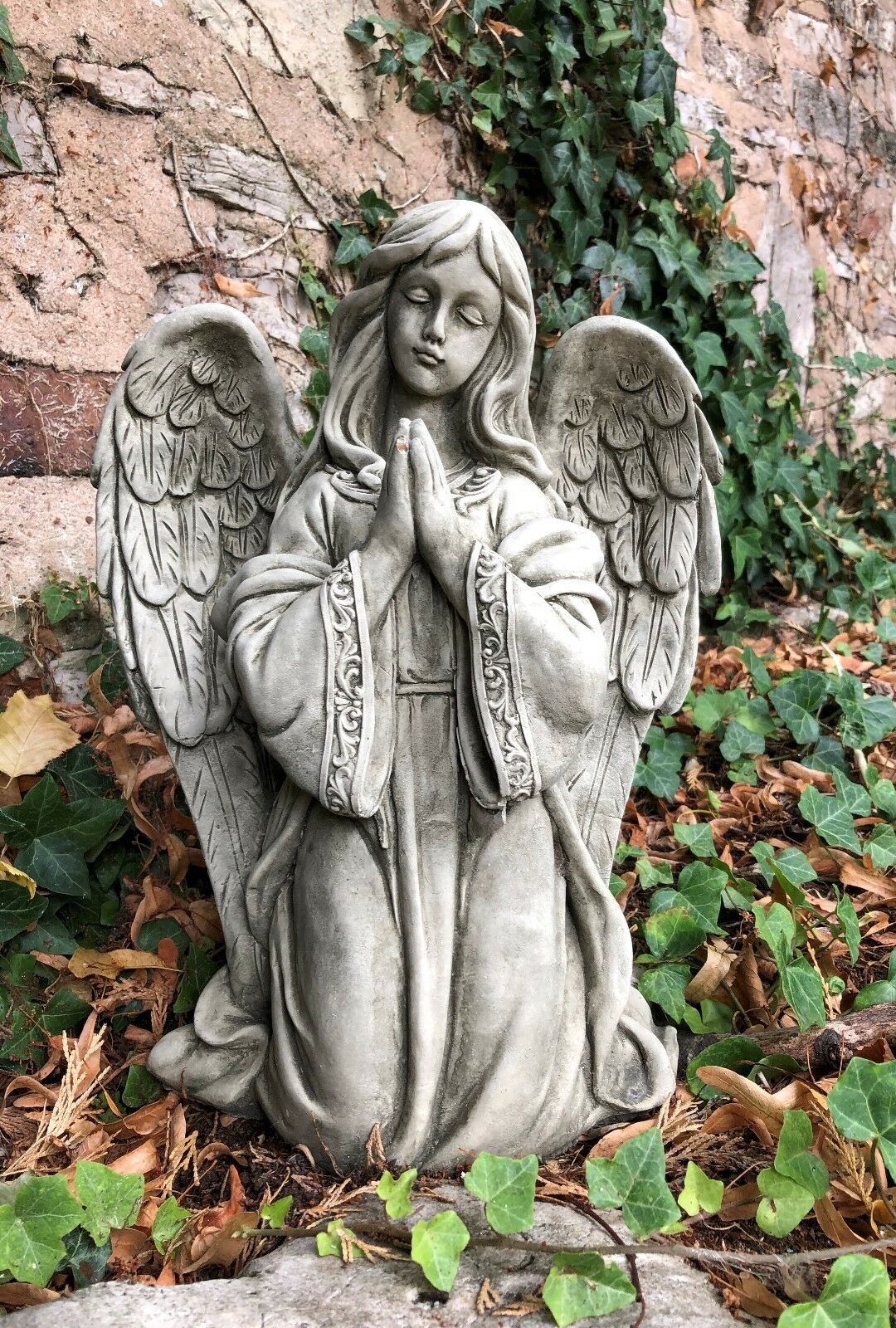 Stone Praying Angel Statue - Garden Ornament | Solid Limestone, kneeling angel sculpture with intricate wings and robe, ideal for outdoor decor.