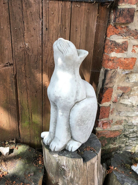 Stone Cat Garden Ornament - Durable Stone sculpture of a proud sitting cat with head raised, placed on a tree stump in a rustic garden setting.