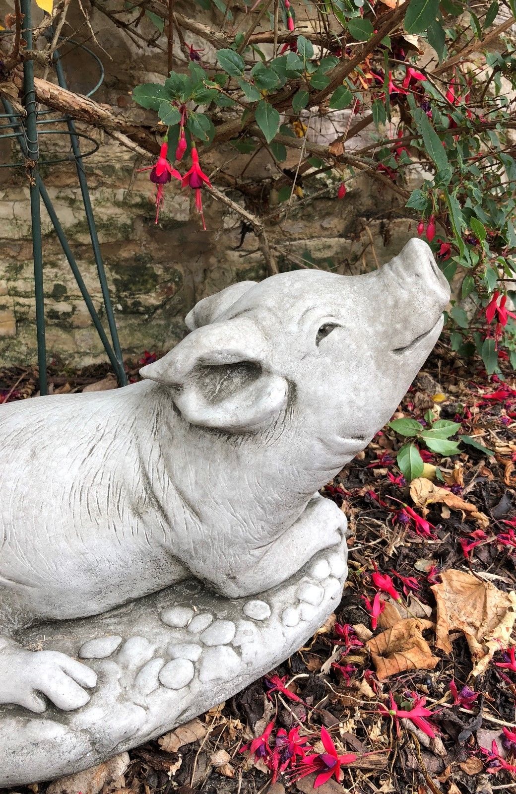Close-up of the Stone Pig Sculpture Garden Ornament showing detailed craftsmanship and antique grey texture. Ideal for UK gardens and patios.