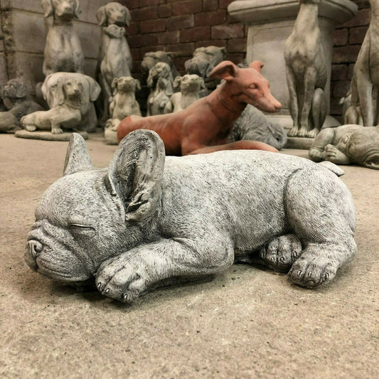 French Bulldog Garden Ornament - Stone Sleeping | Solid sculpture of a resting Frenchie, ideal for outdoor garden decor or patio accents.