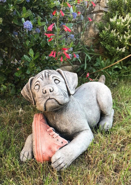 Boxer Puppy Ornament - Stone Sculpture of a playful puppy holding a red shoe, ideal for garden decoration and weatherproof outdoor charm.