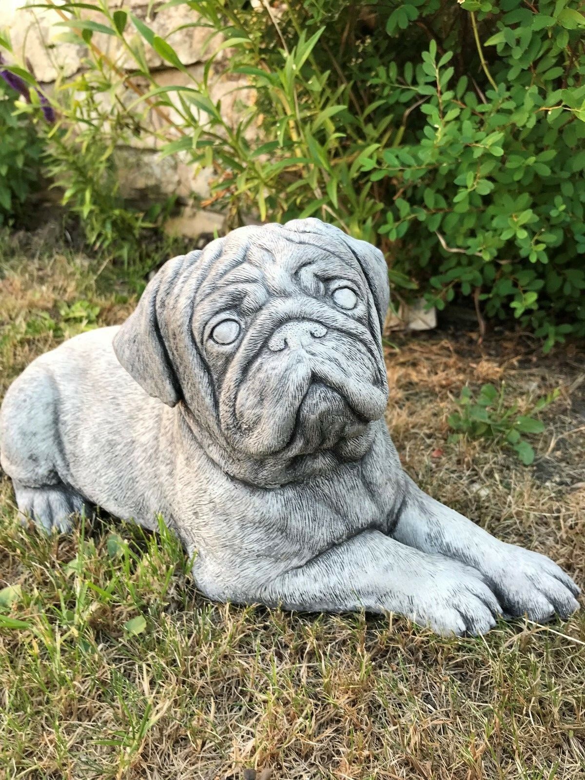 Detailed Stone Pug Sculpture - Garden Ornament crafted from fine limestone, weather-resistant and ideal for garden decoration.