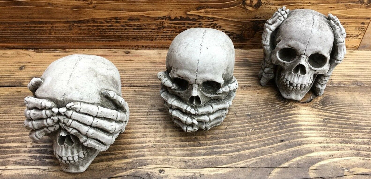 Stone Skull Ornaments - Skull Garden Decor set featuring Hear, See & Speak No Evil designs in durable limestone with antique finish for outdoor use.