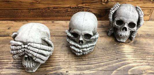 Stone Skull Ornaments - Skull Garden Decor set featuring Hear, See & Speak No Evil designs in durable limestone with antique finish for outdoor use.