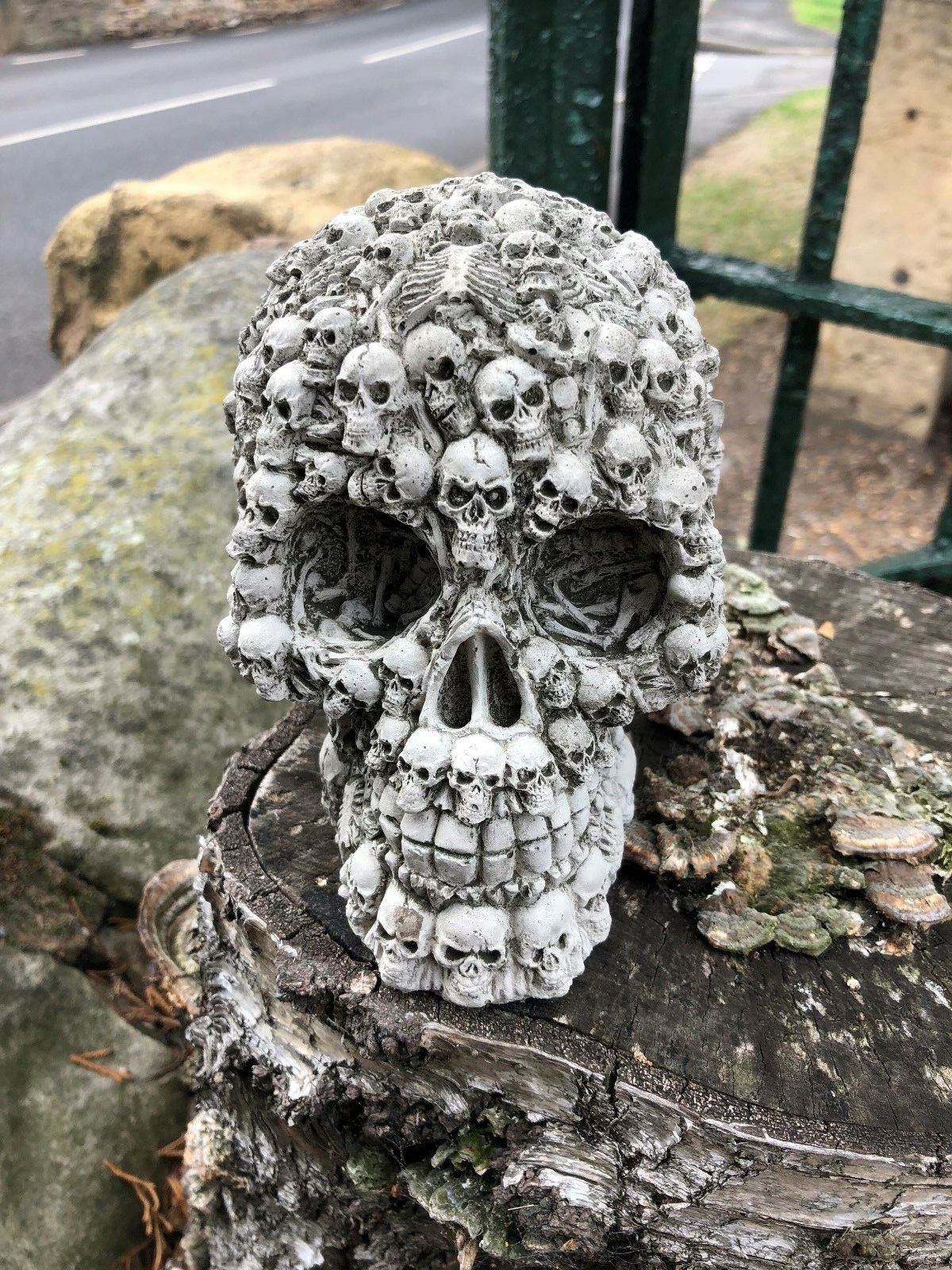 Front angle of Stone Skull Garden Ornament showcasing detailed skull craftsmanship. Perfect for horror-themed garden or home décor.