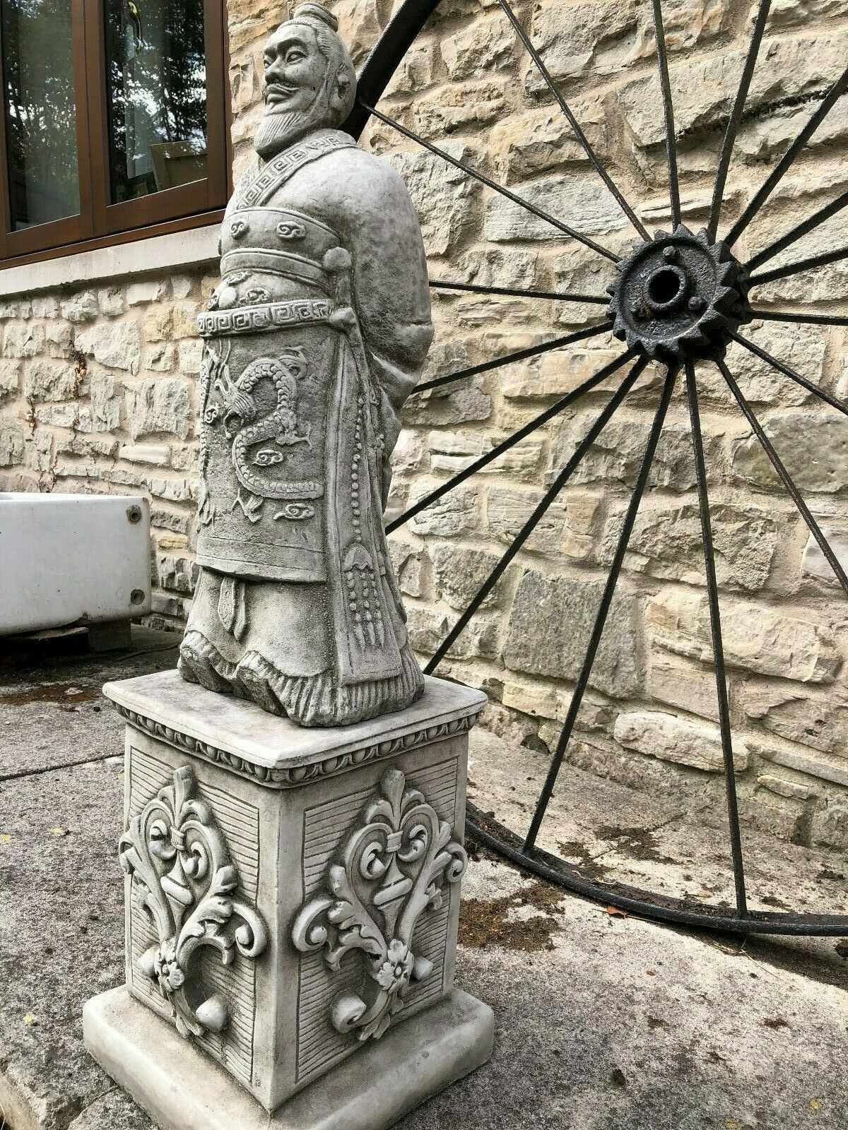 Side perspective of the Stunning Stone Zhan Shi Warrior Garden Plinth Statue emphasizing its bold stance and traditional Chinese design.