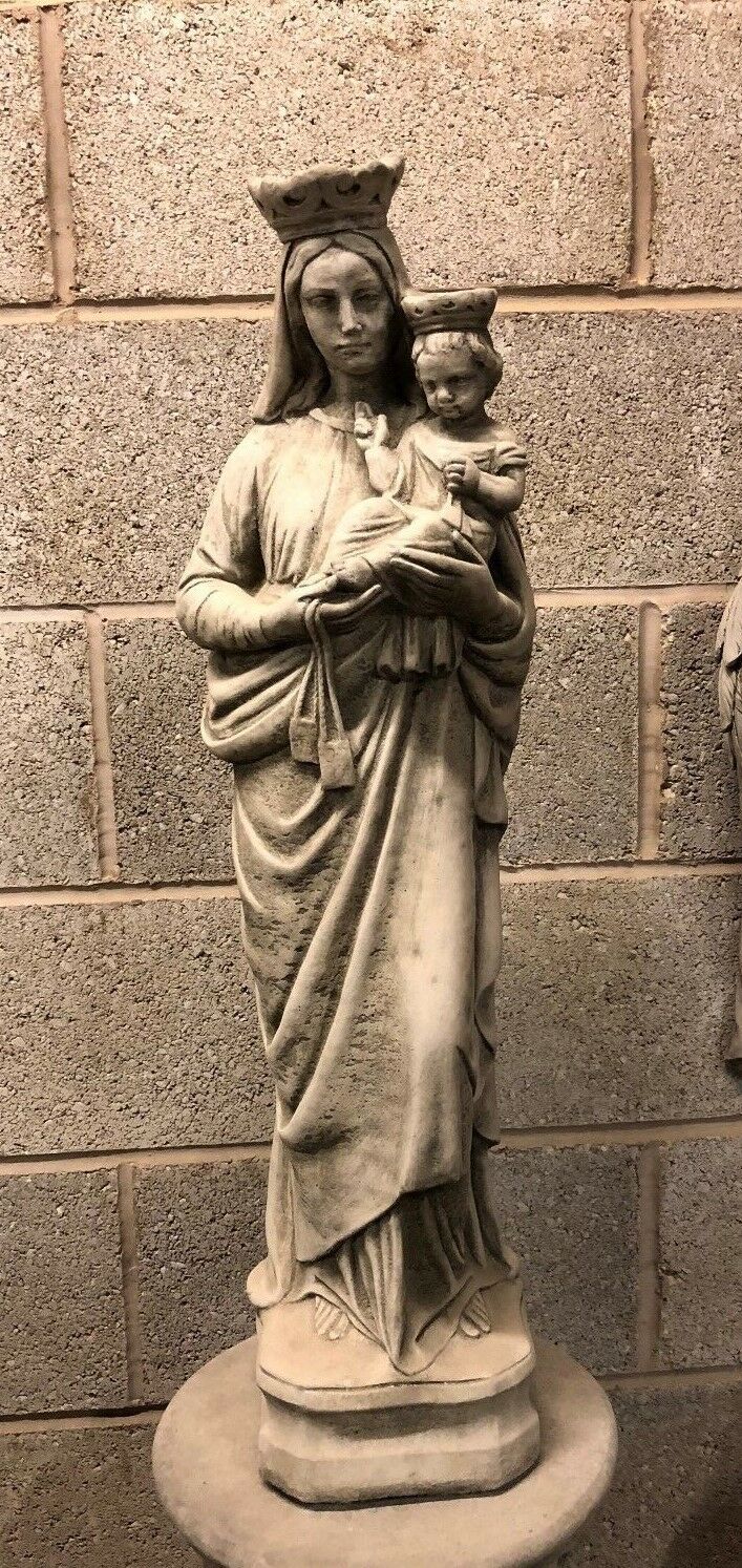 Grey stone Mary & Jesus statue with antique finish, ideal for garden decor or memorials. Features detailed crowns and flowing robes on limestone base.