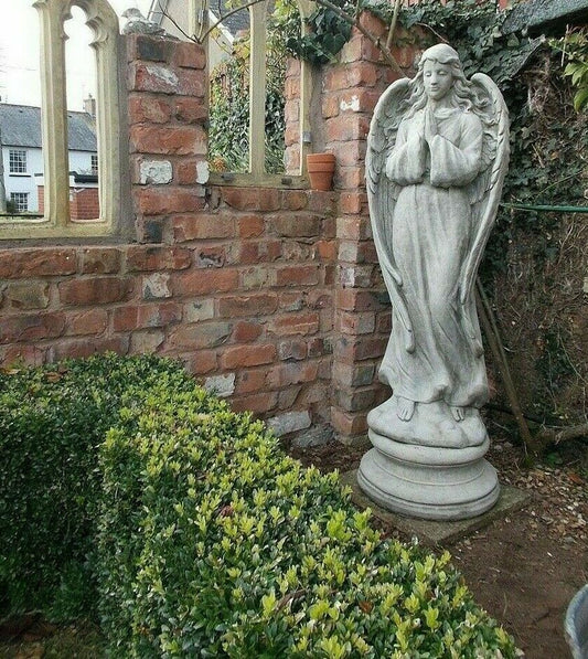 Stone Praying Angel Statue - Garden Centerpiece stands on a round plinth beside a brick wall and trimmed hedges, crafted from durable limestone.