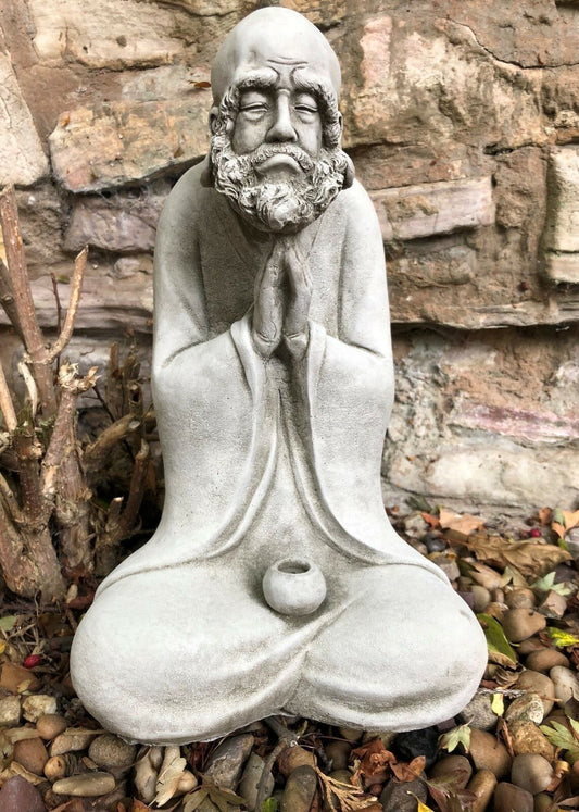 Stunning Stone Praying Old Monk Sculpture Garden Ornament featuring a serene elderly monk in prayer pose, ideal for outdoor garden decor.