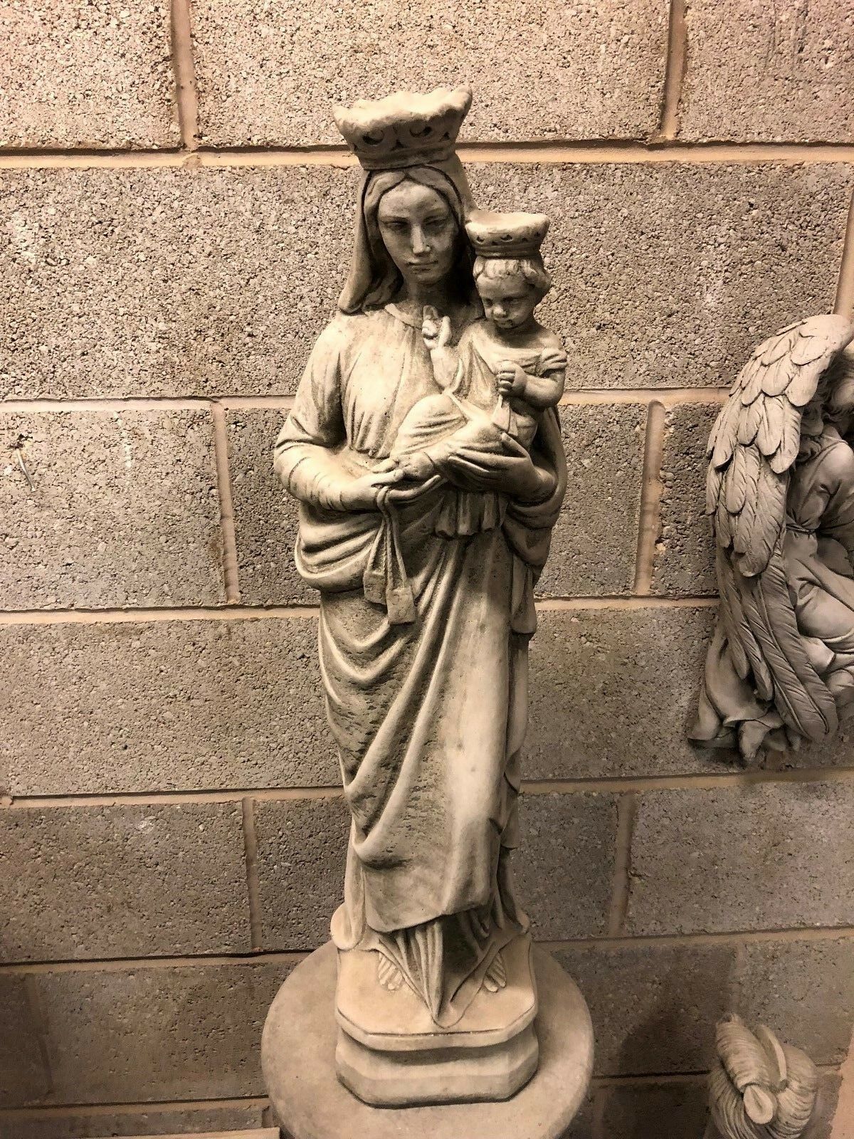 Antique grey Mary & Jesus garden statue in limestone, 80cm tall with intricate detailing, perfect for religious outdoor ornament or flowerbed accent.